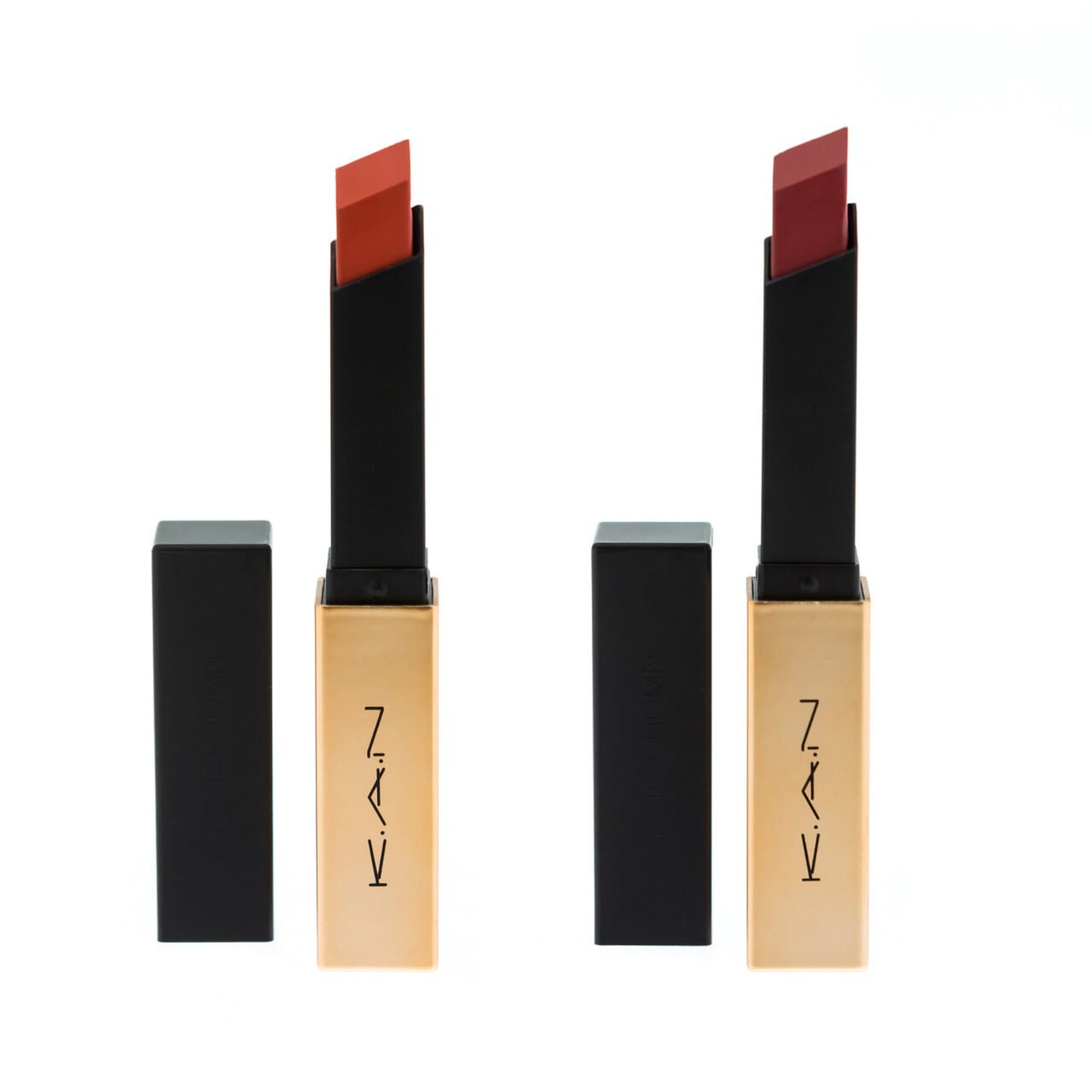 Product photography of two luxury lipsticks in red and nude tones