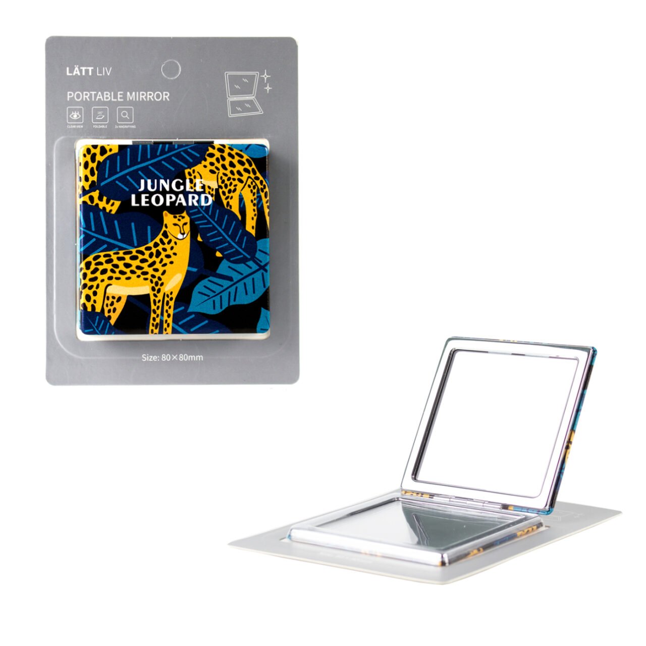 Compact portable mirrors on pastel background product photography