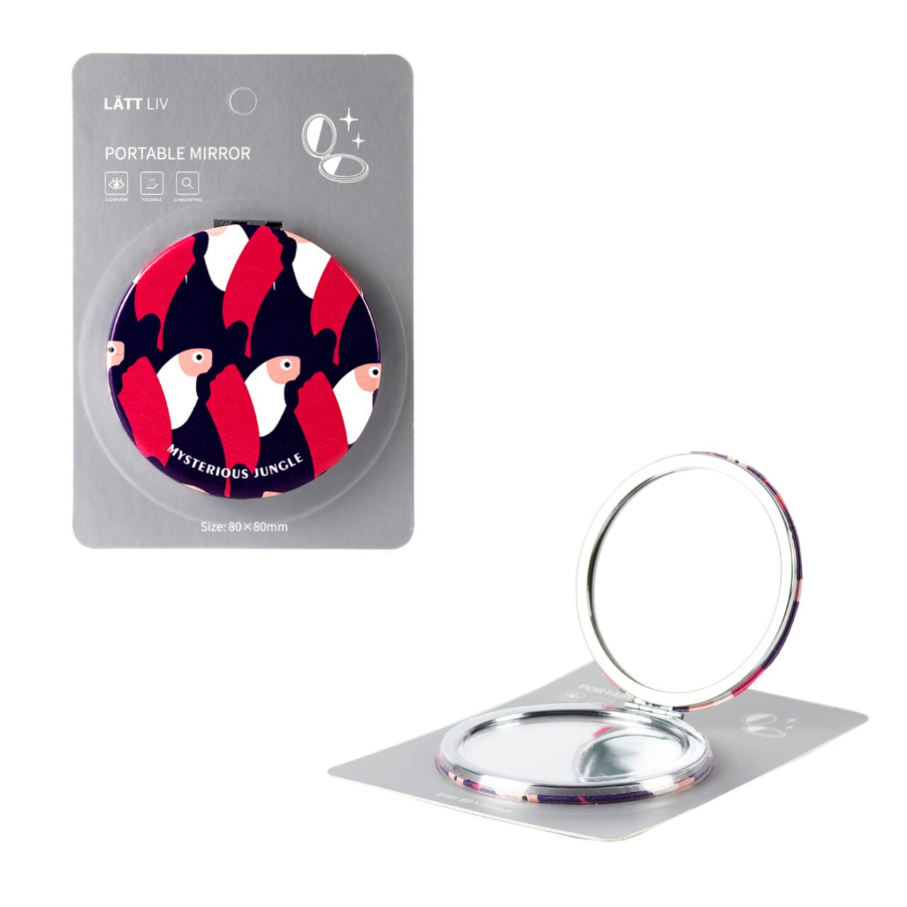 Compact portable mirrors on pastel background product photographyRound portable mirror with red parrot print on white background