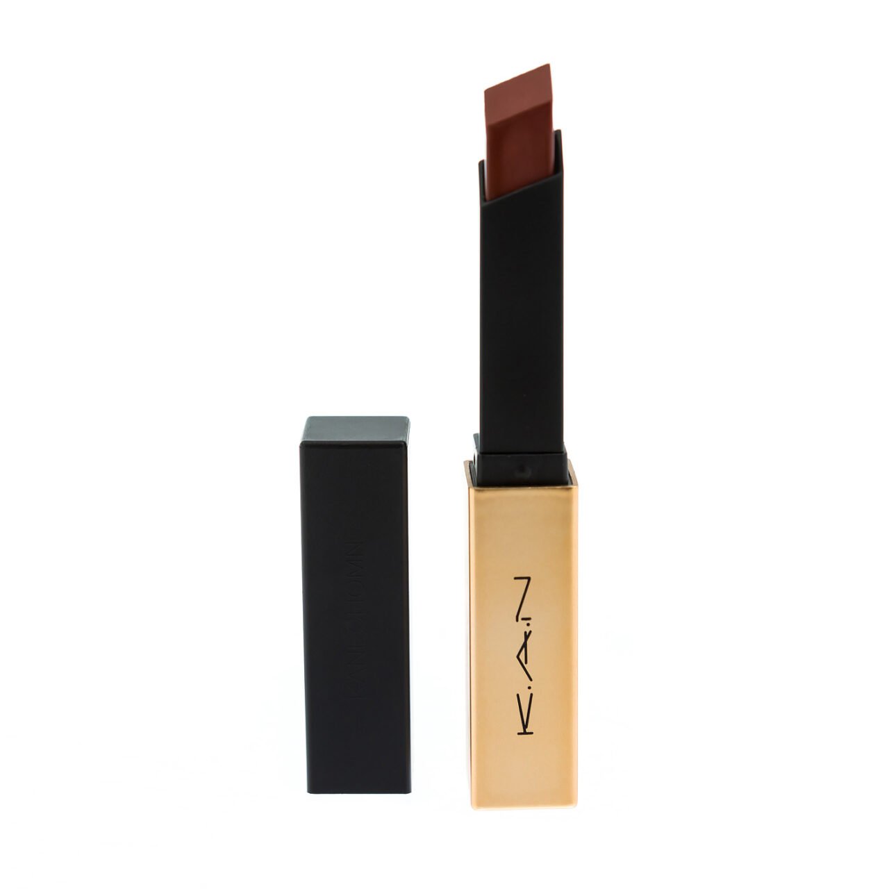 Product photography of a luxury deep brown lipstick