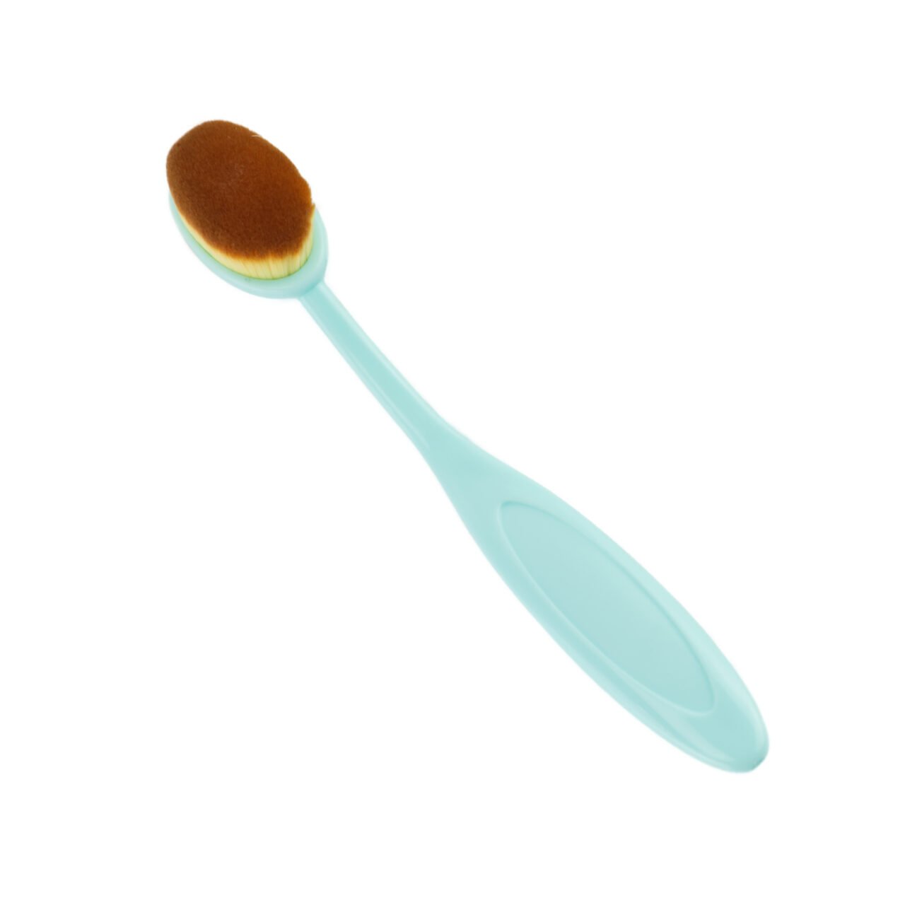 Oval makeup brush with turquoise handle on white background