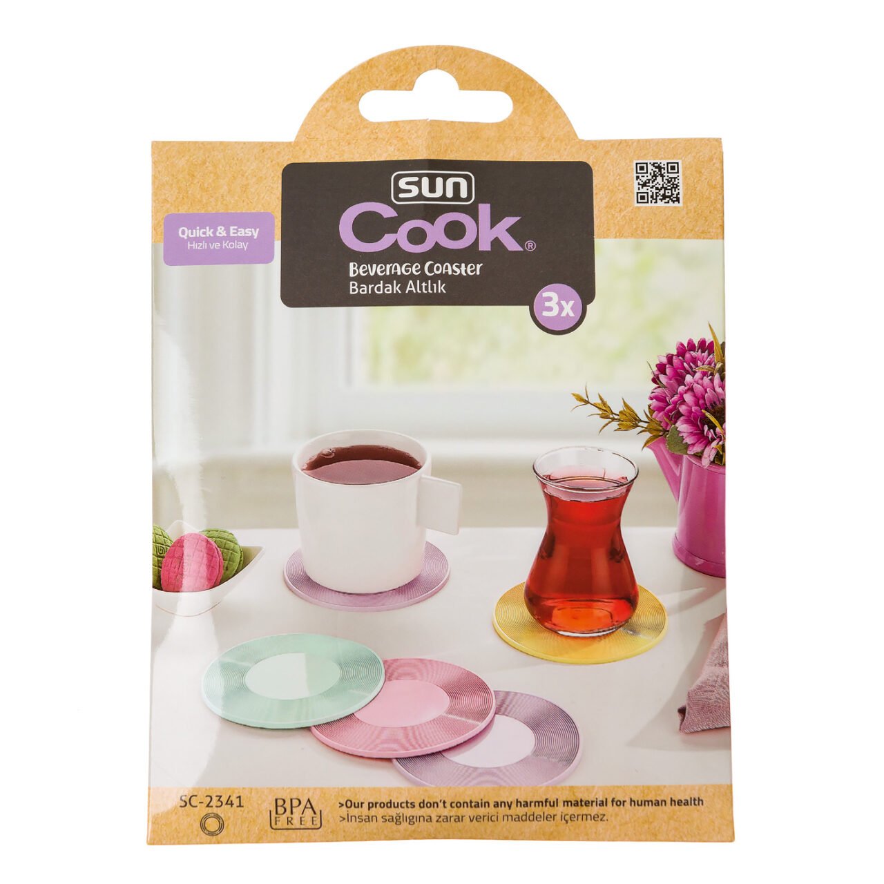 Sun Cook beverage coasters in retail packaging, product photography on white background.