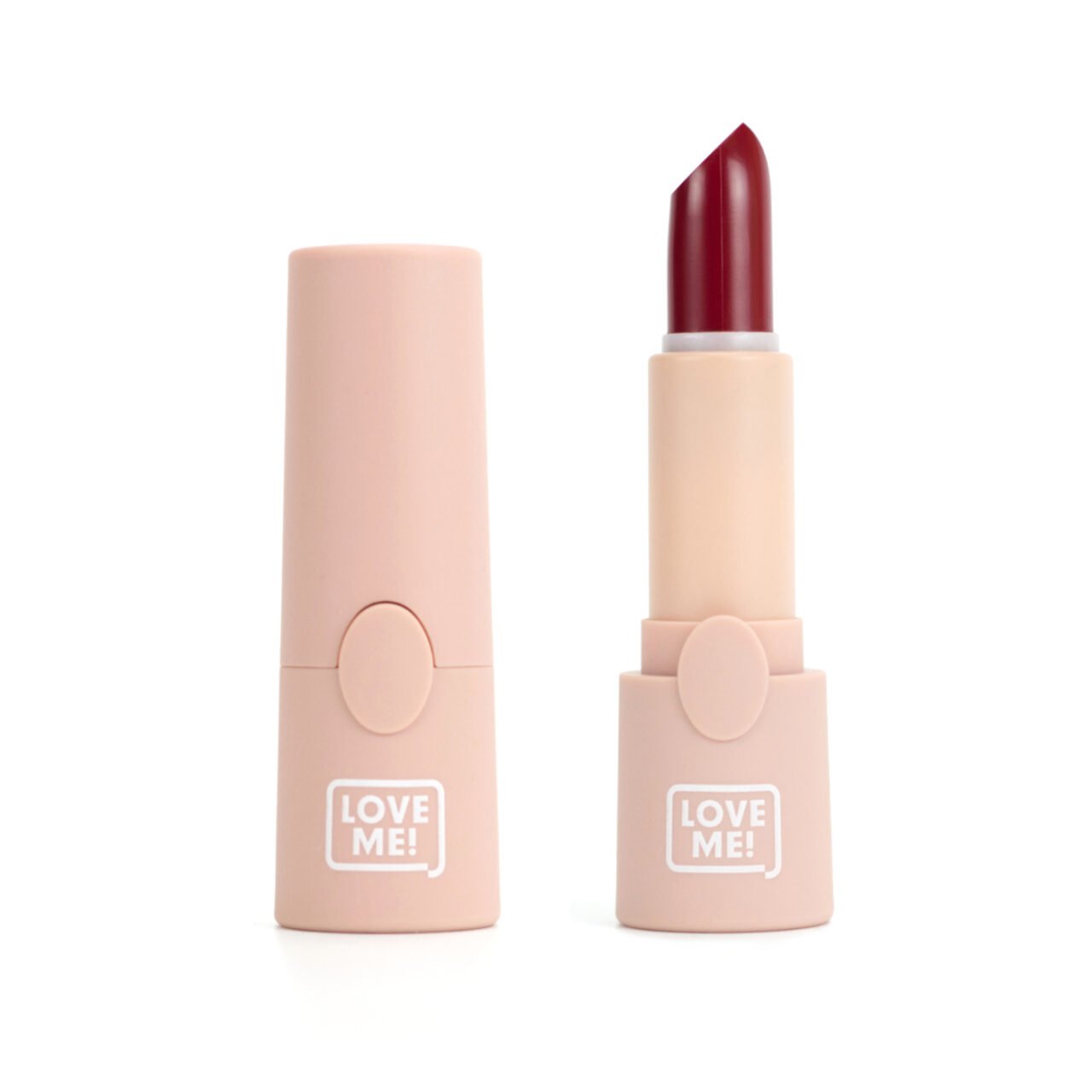 Lipstick product photography with red lipstick in nude matte case on white background