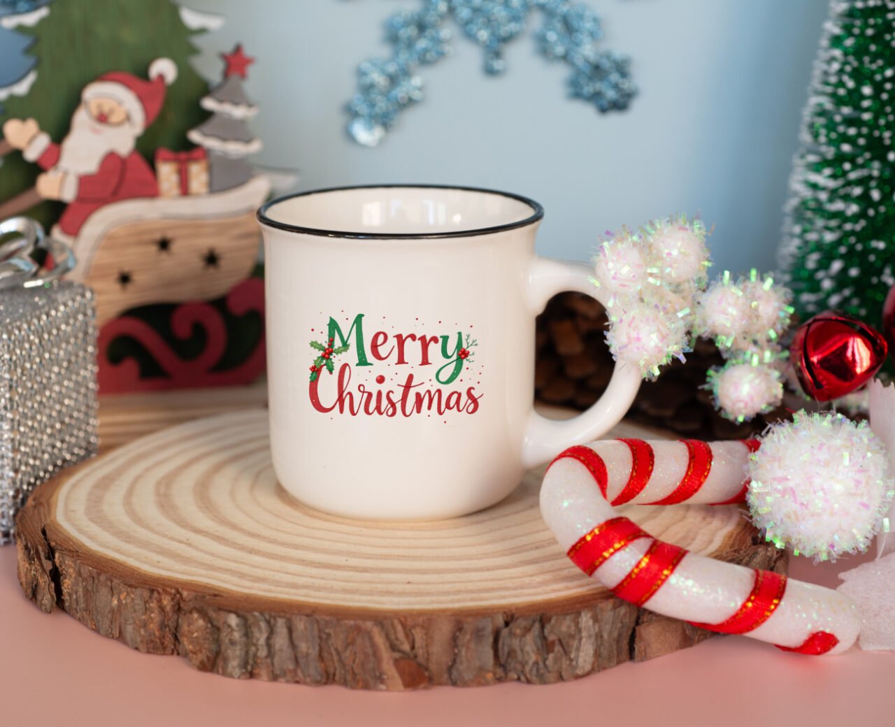 Christmas mug mockup styled with white mug Christmas decorations and winter props