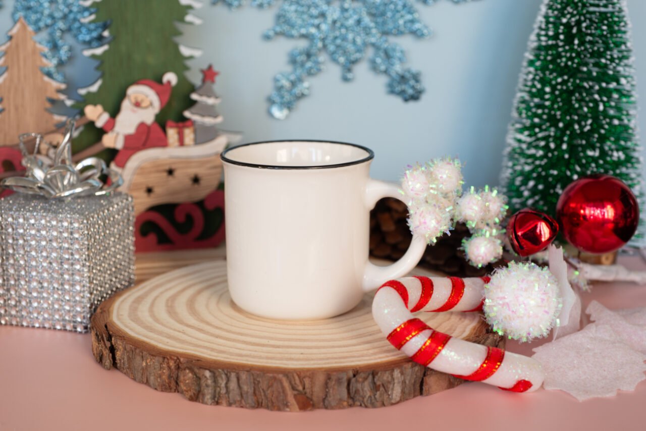 Christmas mug mockup with white ceramic mug